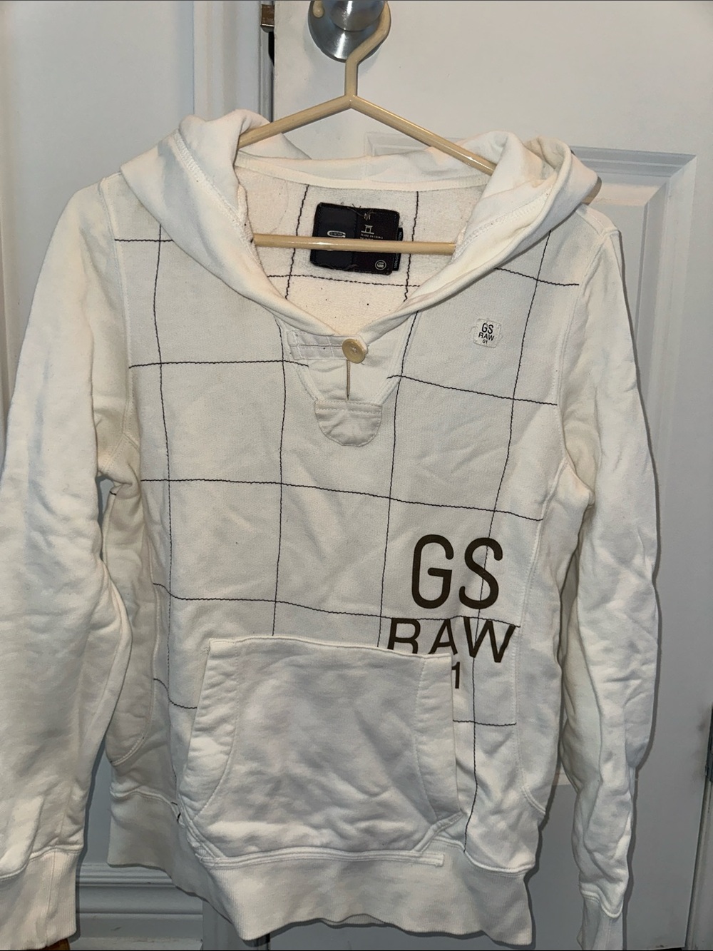 G-Star Cream Crewneck with Black Grid and Brown Logo